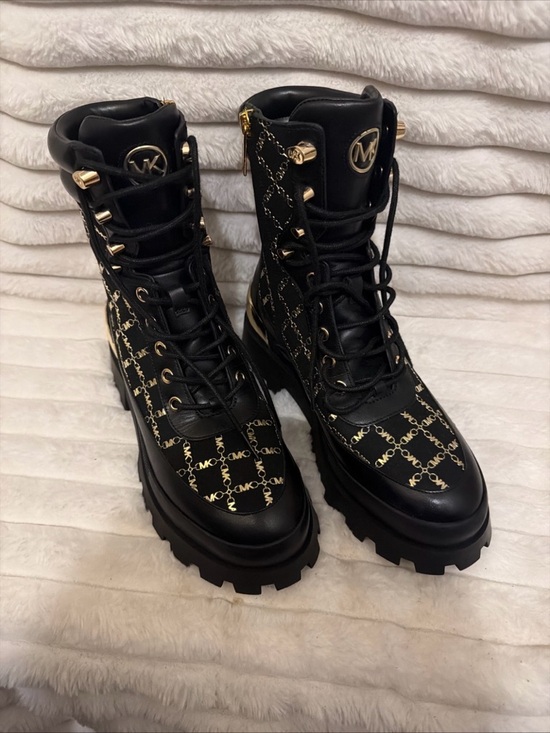 Michael Kors Shoes - Michael Kors Black and Gold Logo Lace-Up Combat Boots